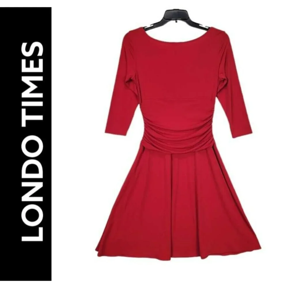 London Times Woman Size 10 Red Long Sleeve Shift Flare Pleated Dress - Picture 2 of 8
